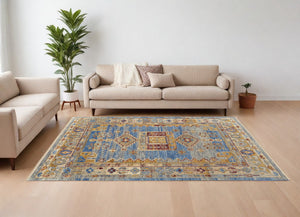 Homeroots 12' X 15' Blue Red And Yellow Wool Geometric Hand Knotted Area Rug With Fringe Blue Wool 567093