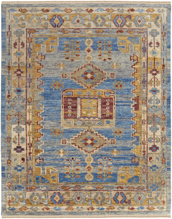 Homeroots 12' X 15' Blue Red And Yellow Wool Geometric Hand Knotted Area Rug With Fringe Blue Wool 567093