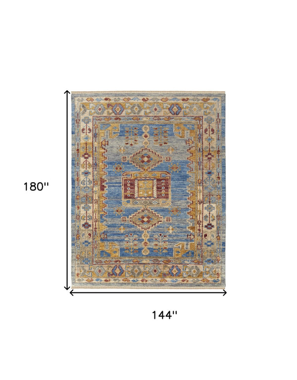 Homeroots 12' X 15' Blue Red And Yellow Wool Geometric Hand Knotted Area Rug With Fringe Blue Wool 567093
