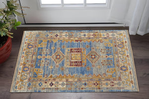 Homeroots 2' X 3' Blue Red And Yellow Wool Geometric Hand Knotted Area Rug With Fringe Blue Wool 567094