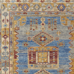 Homeroots 2' X 3' Blue Red And Yellow Wool Geometric Hand Knotted Area Rug With Fringe Blue Wool 567094