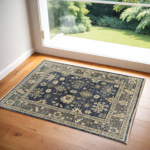 HomeRoots 3' Hand-Knotted Blue and Gray Floral Wool Area Rug with Fringe - Timeless Charm for Any Room 3' X 5' 567095