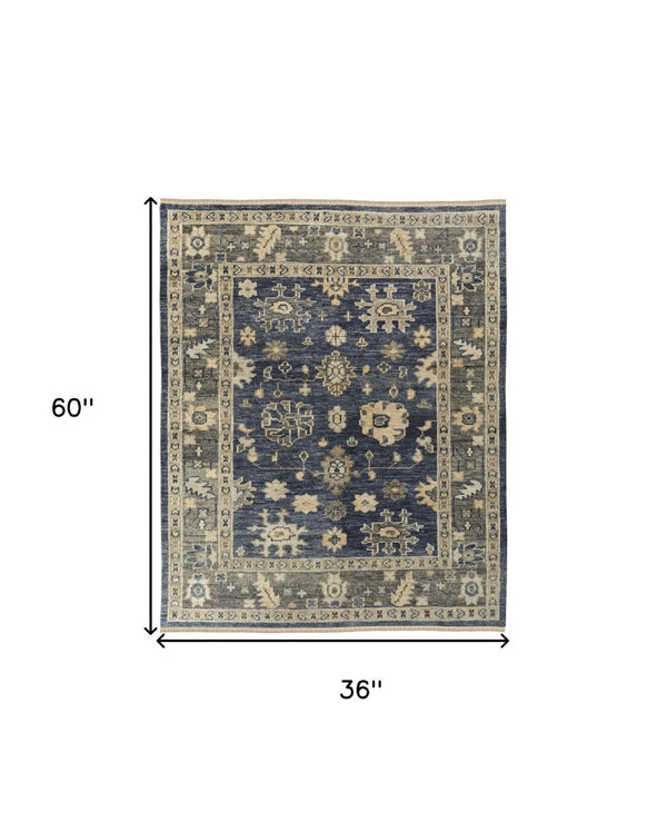 HomeRoots 3' Hand-Knotted Blue and Gray Floral Wool Area Rug with Fringe - Timeless Charm for Any Room 3' X 5' 567095