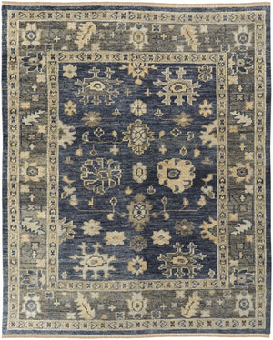 HomeRoots 3' Hand-Knotted Blue and Gray Floral Wool Area Rug with Fringe - Timeless Charm for Any Room 4' X 6' 567096