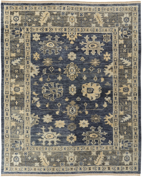 HomeRoots 3' Hand-Knotted Blue and Gray Floral Wool Area Rug with Fringe - Timeless Charm for Any Room 5' X 8' 567097