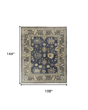 HomeRoots 3' Hand-Knotted Blue and Gray Floral Wool Area Rug with Fringe - Timeless Charm for Any Room 9' X 12' 567099