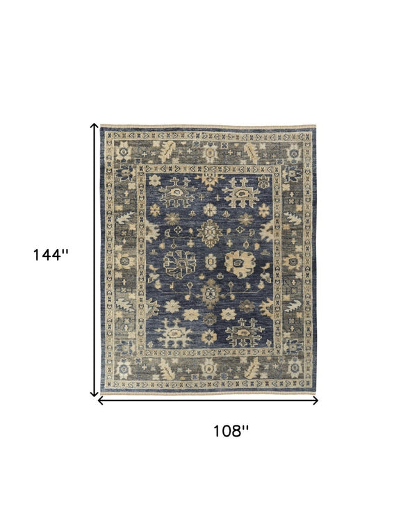 HomeRoots 3' Hand-Knotted Blue and Gray Floral Wool Area Rug with Fringe - Timeless Charm for Any Room 9' X 12' 567099
