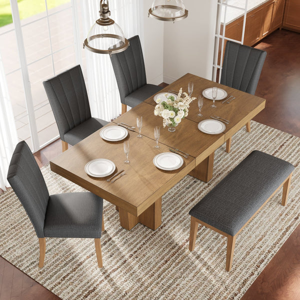 English Elm TOPMAX Solid Wood Extendable Dining Table Set for 6 with 18" Leaf, Trestle Legs, Cushioned Bench & Chairs Gray SP000089AAE