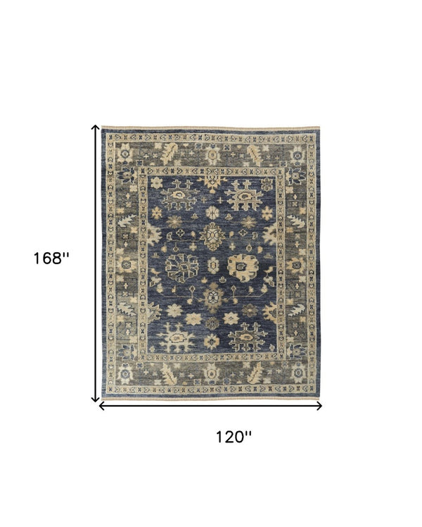 HomeRoots 3' Hand-Knotted Blue and Gray Floral Wool Area Rug with Fringe - Timeless Charm for Any Room 10' X 14' 567100