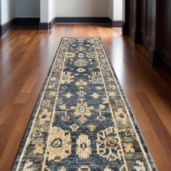 HomeRoots 3' Hand-Knotted Blue and Gray Floral Wool Area Rug with Fringe - Timeless Charm for Any Room 10' Runner 567101