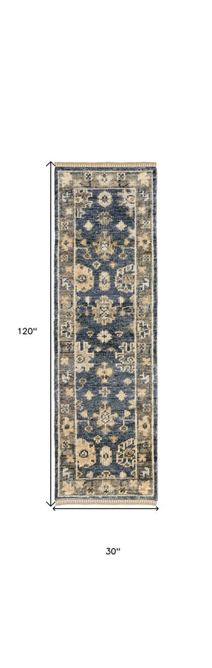 HomeRoots 3' Hand-Knotted Blue and Gray Floral Wool Area Rug with Fringe - Timeless Charm for Any Room 10' Runner 567101