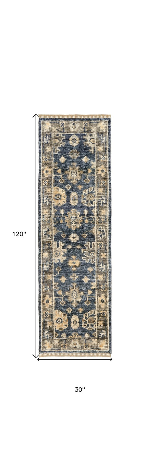 HomeRoots 3' Hand-Knotted Blue and Gray Floral Wool Area Rug with Fringe - Timeless Charm for Any Room 10' Runner 567101