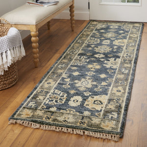 HomeRoots 3' Hand-Knotted Blue and Gray Floral Wool Area Rug with Fringe - Timeless Charm for Any Room 12' Runner 567102
