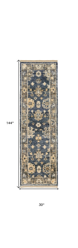 HomeRoots 3' Hand-Knotted Blue and Gray Floral Wool Area Rug with Fringe - Timeless Charm for Any Room 12' Runner 567102