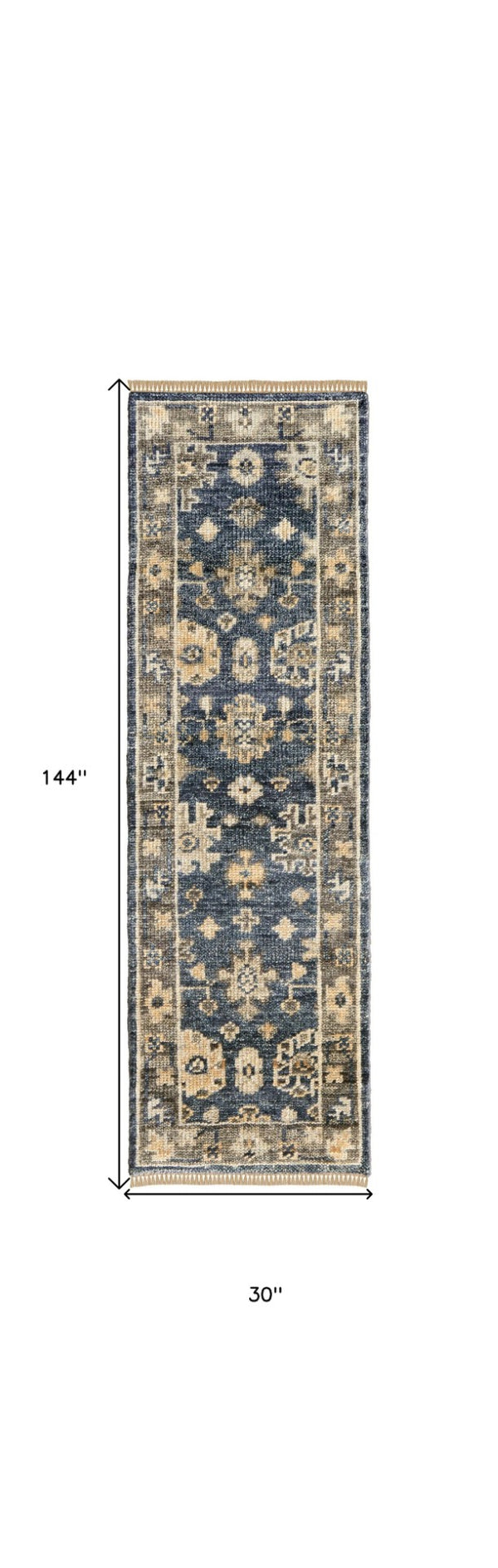 HomeRoots 3' Hand-Knotted Blue and Gray Floral Wool Area Rug with Fringe - Timeless Charm for Any Room 12' Runner 567102