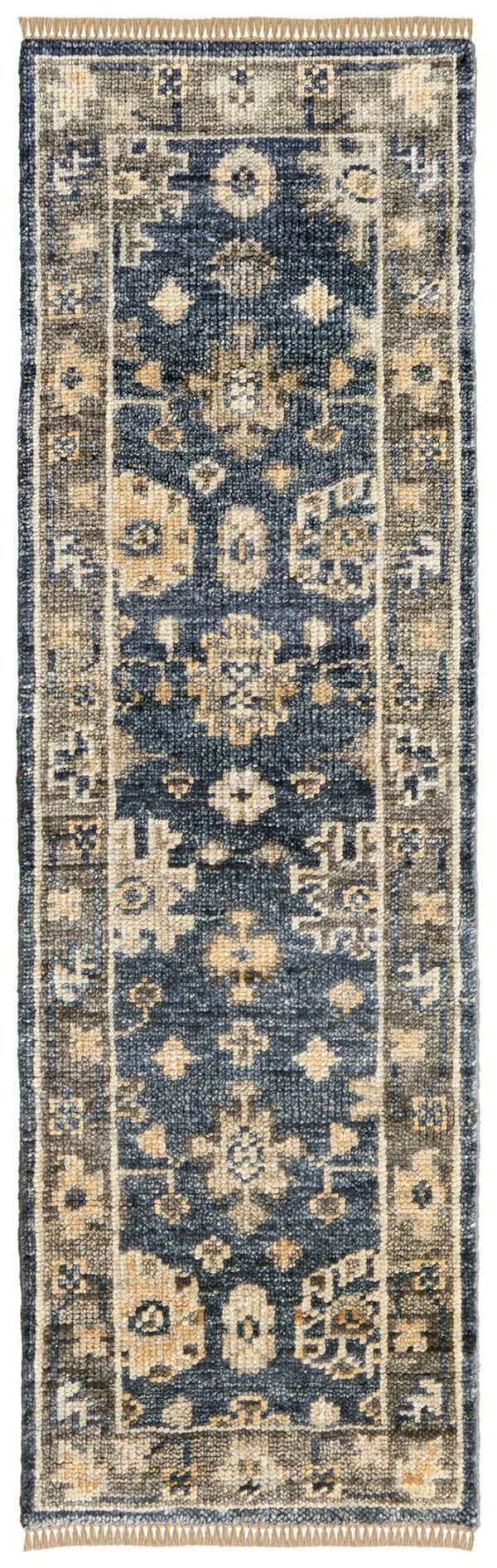 HomeRoots 3' Hand-Knotted Blue and Gray Floral Wool Area Rug with Fringe - Timeless Charm for Any Room 14' Runner 567103