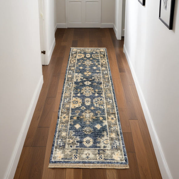 HomeRoots 3' Hand-Knotted Blue and Gray Floral Wool Area Rug with Fringe - Timeless Charm for Any Room 8' Runner 567104