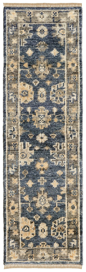 HomeRoots 3' Hand-Knotted Blue and Gray Floral Wool Area Rug with Fringe - Timeless Charm for Any Room 8' Runner 567104