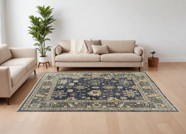 HomeRoots 3' Hand-Knotted Blue and Gray Floral Wool Area Rug with Fringe - Timeless Charm for Any Room 12' X 15' 567105