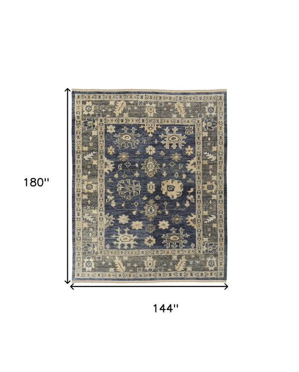 HomeRoots 3' Hand-Knotted Blue and Gray Floral Wool Area Rug with Fringe - Timeless Charm for Any Room 12' X 15' 567105