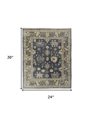 HomeRoots 3' Hand-Knotted Blue and Gray Floral Wool Area Rug with Fringe - Timeless Charm for Any Room 2' X 3' 567106