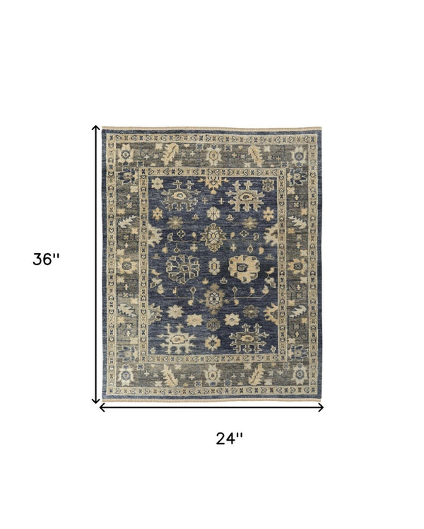 HomeRoots 3' Hand-Knotted Blue and Gray Floral Wool Area Rug with Fringe - Timeless Charm for Any Room 2' X 3' 567106