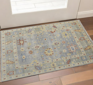 HomeRoots 3' Hand-Knotted Blue and Gray Floral Wool Area Rug with Fringe - Timeless Charm for Any Room 3' X 5' 567107