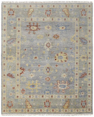 HomeRoots 3' Hand-Knotted Blue and Gray Floral Wool Area Rug with Fringe - Timeless Charm for Any Room 5' X 8' 567109