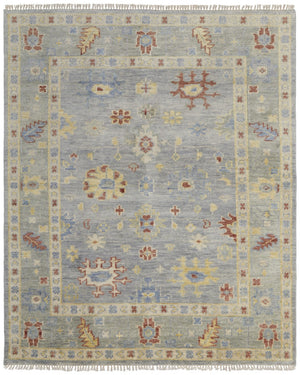 HomeRoots 3' Hand-Knotted Blue and Gray Floral Wool Area Rug with Fringe - Timeless Charm for Any Room 5' X 8' 567109
