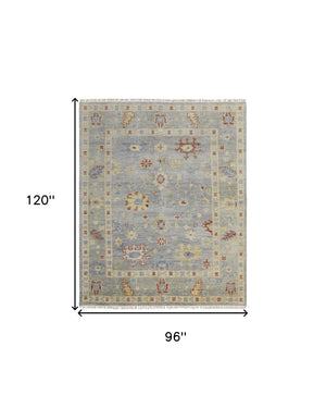 HomeRoots 3' Hand-Knotted Blue and Gray Floral Wool Area Rug with Fringe - Timeless Charm for Any Room 8' X 10' 567110