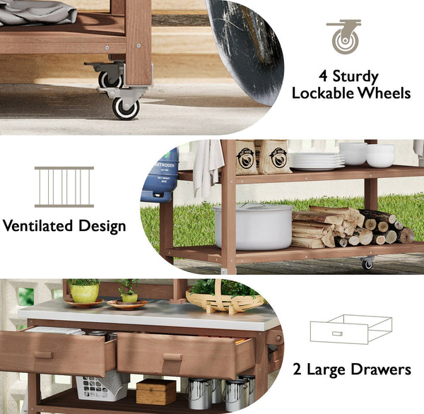 English Elm K&K 64.9" Outdoor Potting Bench with 1.2" Stainless Steel Top, Lockable Wheels, Hutch & Drawers Brown N707P228274Z