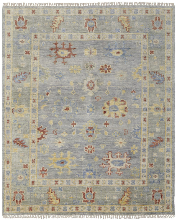 HomeRoots 3' Hand-Knotted Blue and Gray Floral Wool Area Rug with Fringe - Timeless Charm for Any Room 9' X 12' 567111
