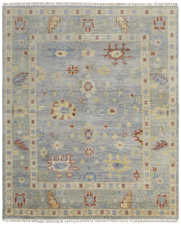 HomeRoots 3' Hand-Knotted Blue and Gray Floral Wool Area Rug with Fringe - Timeless Charm for Any Room 9' X 12' 567111