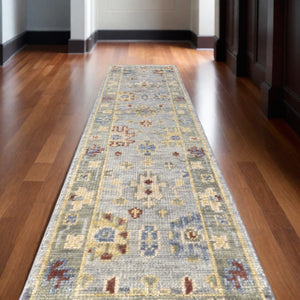 HomeRoots 3' Hand-Knotted Blue and Gray Floral Wool Area Rug with Fringe - Timeless Charm for Any Room 10' Runner 567113