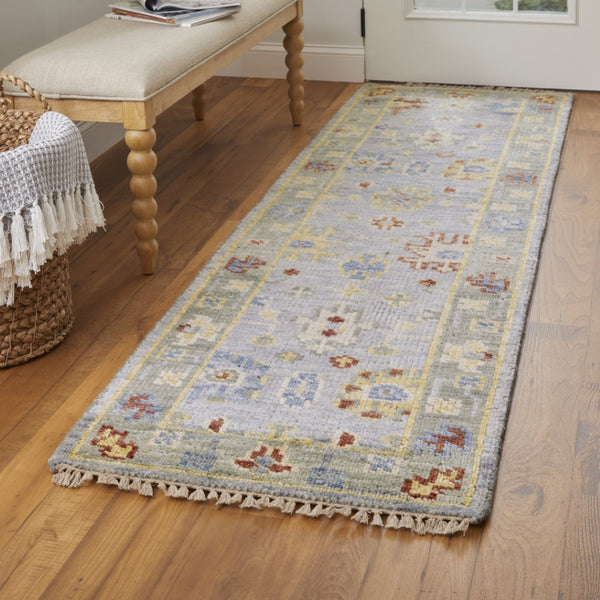 HomeRoots 3' Hand-Knotted Blue and Gray Floral Wool Area Rug with Fringe - Timeless Charm for Any Room 10' Runner 567113