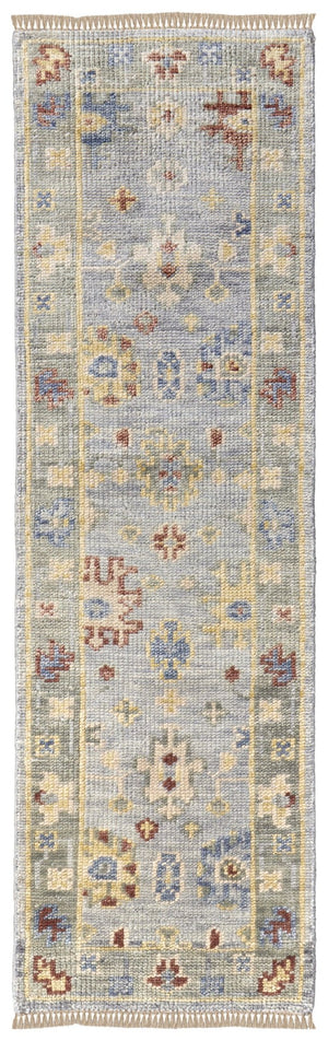 HomeRoots 3' Hand-Knotted Blue and Gray Floral Wool Area Rug with Fringe - Timeless Charm for Any Room 10' Runner 567113