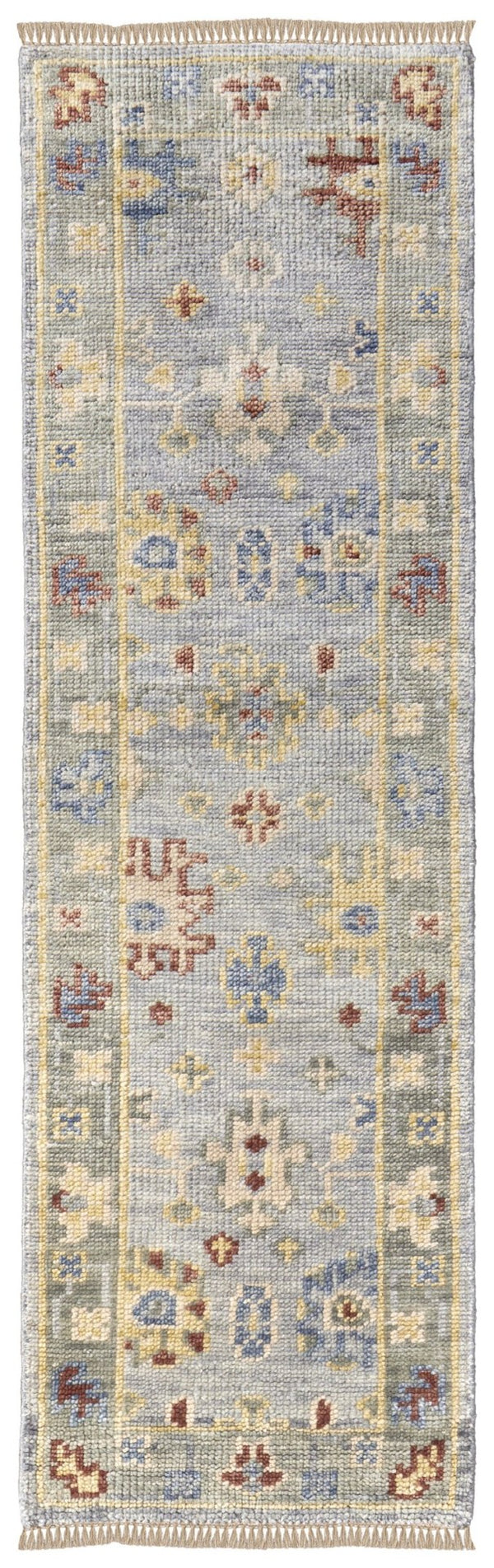 HomeRoots 3' Hand-Knotted Blue and Gray Floral Wool Area Rug with Fringe - Timeless Charm for Any Room 10' Runner 567113