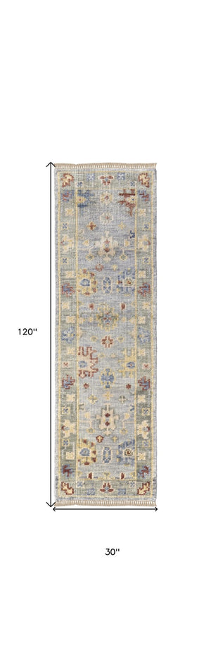 HomeRoots 3' Hand-Knotted Blue and Gray Floral Wool Area Rug with Fringe - Timeless Charm for Any Room 10' Runner 567113