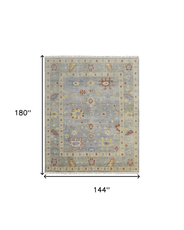 HomeRoots 3' Hand-Knotted Blue and Gray Floral Wool Area Rug with Fringe - Timeless Charm for Any Room 12' X 15' 567114