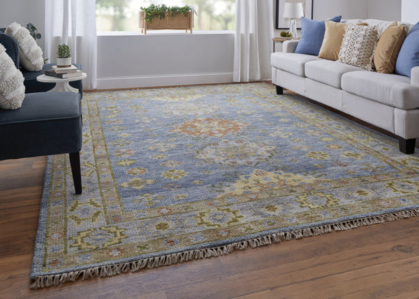 Homeroots 3' X 5' Green Blue And Yellow Wool Geometric Hand Knotted Area Rug With Fringe Blue Wool 567116