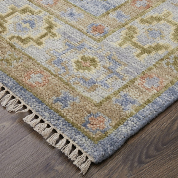HomeRoots 3' Stylish Hand-Knotted Wool Area Rug with Geometric Design in Green, Blue, Yellow & Fringe 3' X 5' 567116