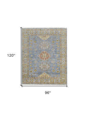 Homeroots 8' X 10' Green Blue And Yellow Wool Geometric Hand Knotted Area Rug With Fringe Blue Wool 567118