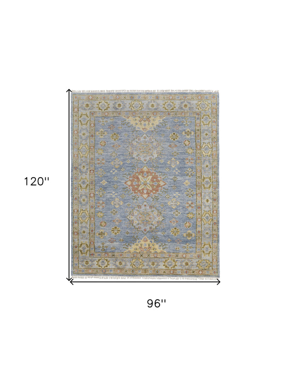 Homeroots 8' X 10' Green Blue And Yellow Wool Geometric Hand Knotted Area Rug With Fringe Blue Wool 567118