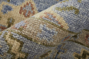 Homeroots 10' X 14' Green Blue And Yellow Wool Geometric Hand Knotted Area Rug With Fringe Blue Wool 567119