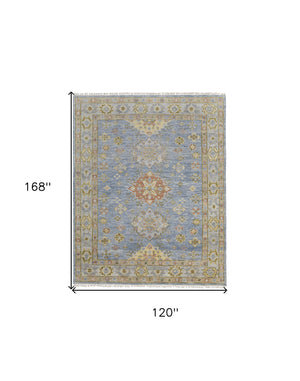Homeroots 10' X 14' Green Blue And Yellow Wool Geometric Hand Knotted Area Rug With Fringe Blue Wool 567119