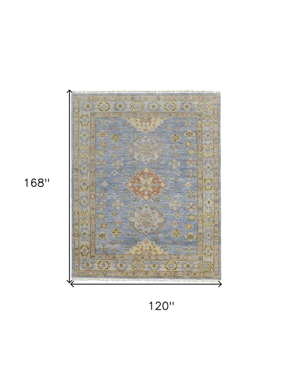 Homeroots 10' X 14' Green Blue And Yellow Wool Geometric Hand Knotted Area Rug With Fringe Blue Wool 567119
