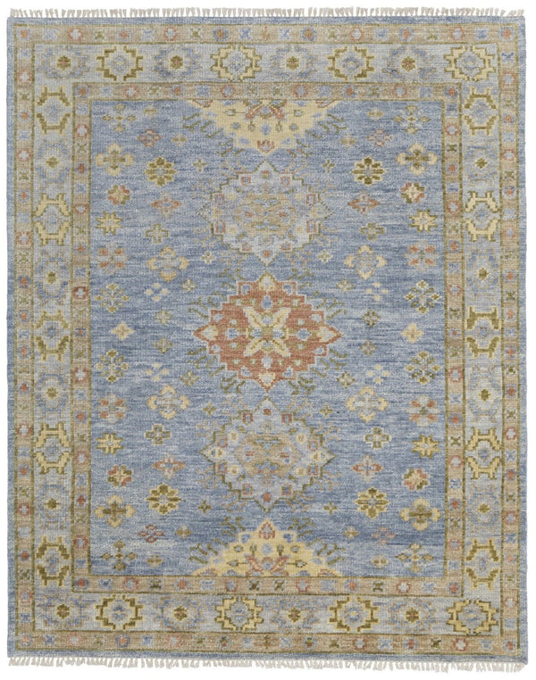 HomeRoots 3' Stylish Hand-Knotted Wool Area Rug with Geometric Design in Green, Blue, Yellow & Fringe 10' X 14' 567119