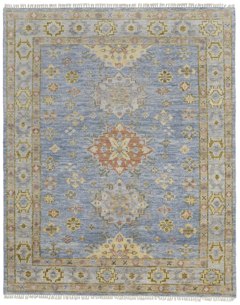 HomeRoots 3' Stylish Hand-Knotted Wool Area Rug with Geometric Design in Green, Blue, Yellow & Fringe 2' X 3' 567120