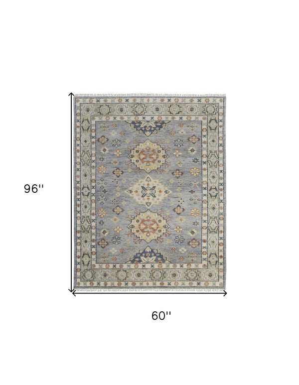Homeroots 5' X 8' Gray Blue And Taupe Wool Geometric Hand Knotted Area Rug With Fringe Blue Wool 567123
