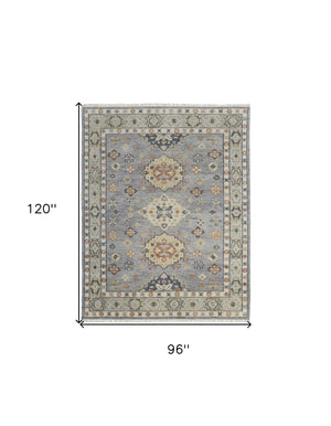 Homeroots 8' X 10' Gray Blue And Taupe Wool Geometric Hand Knotted Area Rug With Fringe Blue Wool 567124